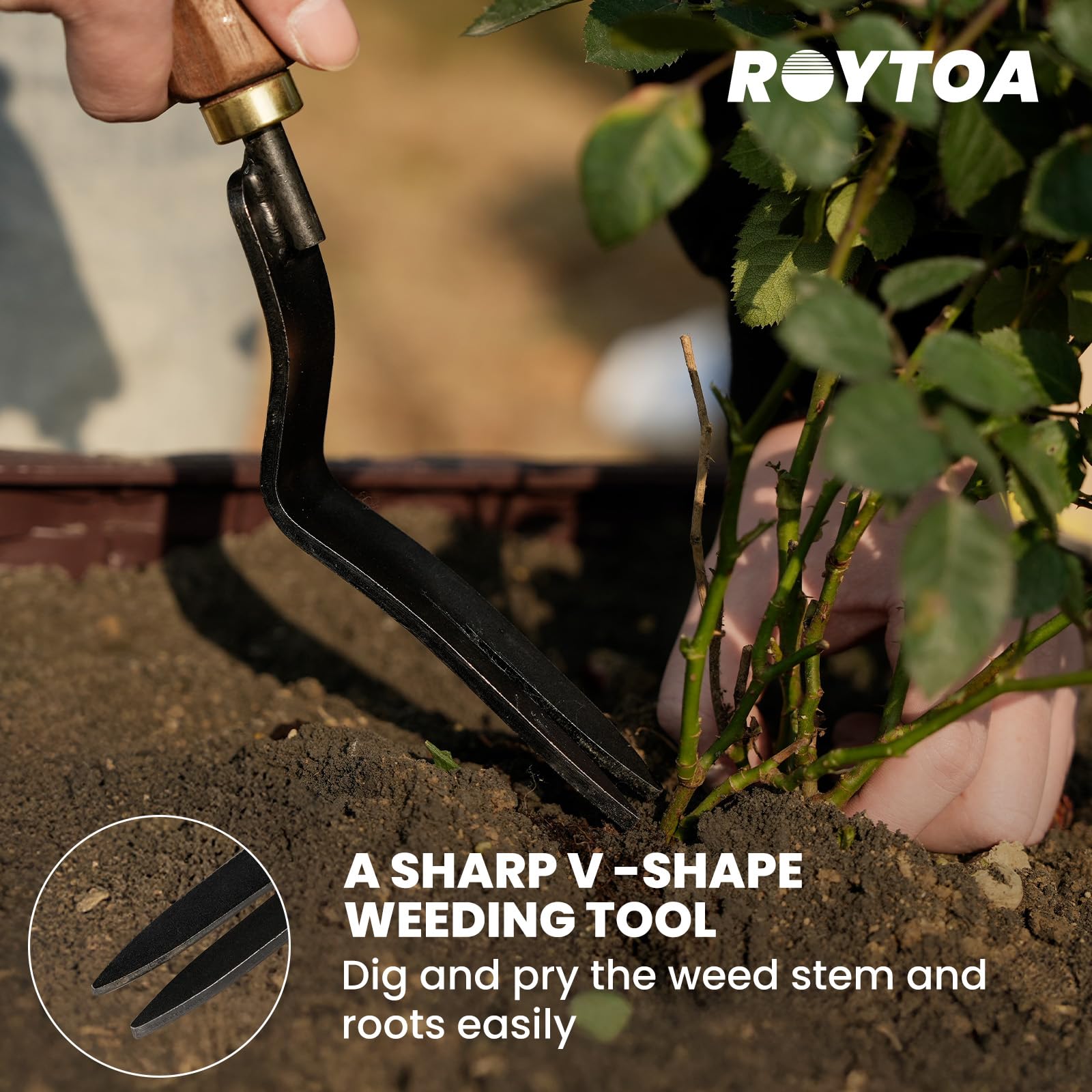 ROYTOA trowel and weeder designed for precise planting and weed removal.