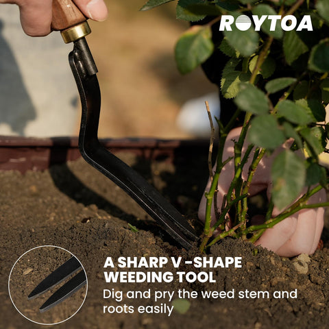 ROYTOA trowel and weeder designed for precise planting and weed removal.