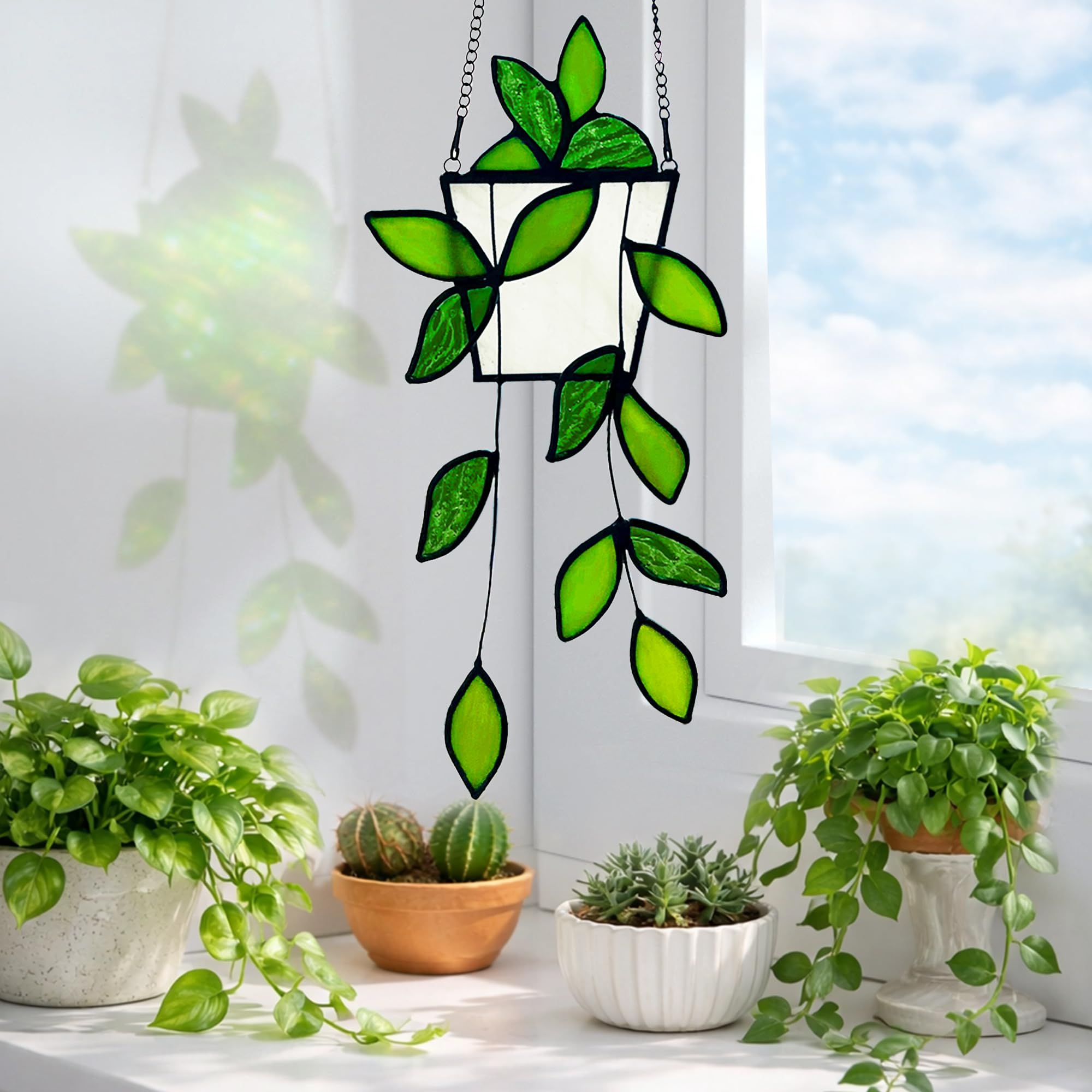 Royxen green geometric pot stained-glass art brightens spaces with warm glow