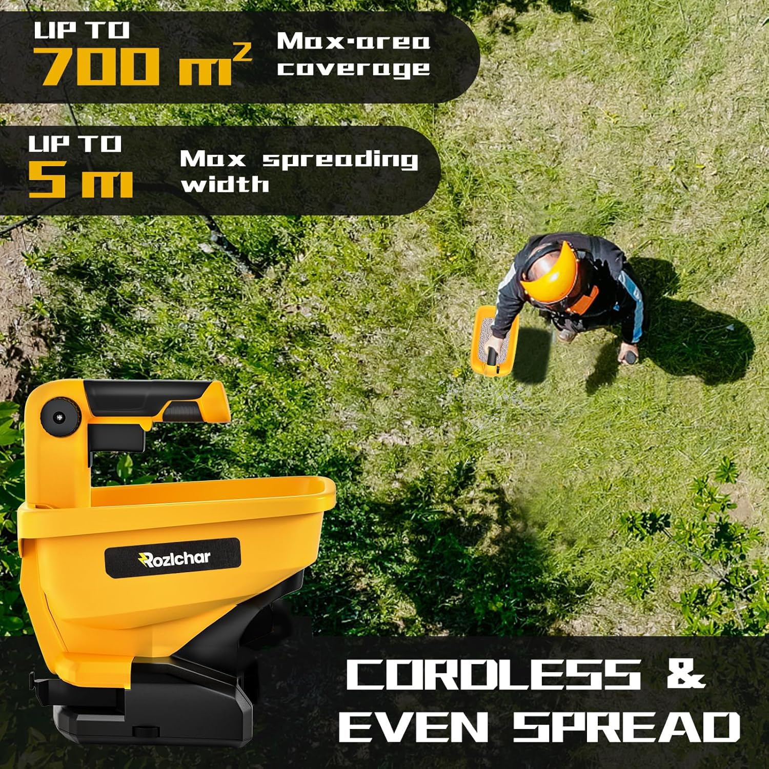 Rozlchar Power Spreader demonstrates wide coverage up to 5000 sq ft in a single pass.