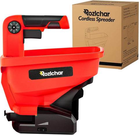 Rozlchar power spreader with Milwaukee 18V compatibility for quick, even lawn treatment.