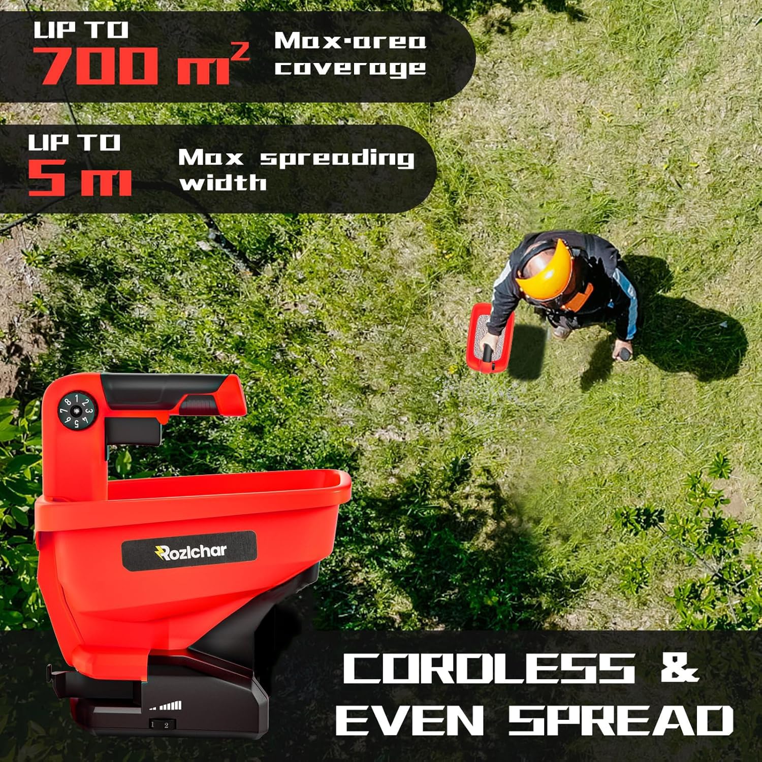 Rozlchar yard spreader ideal for year-round lawn care and garden applications.
