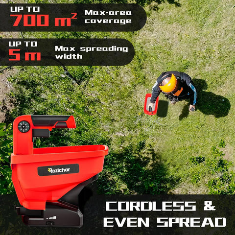 Rozlchar yard spreader ideal for year-round lawn care and garden applications.
