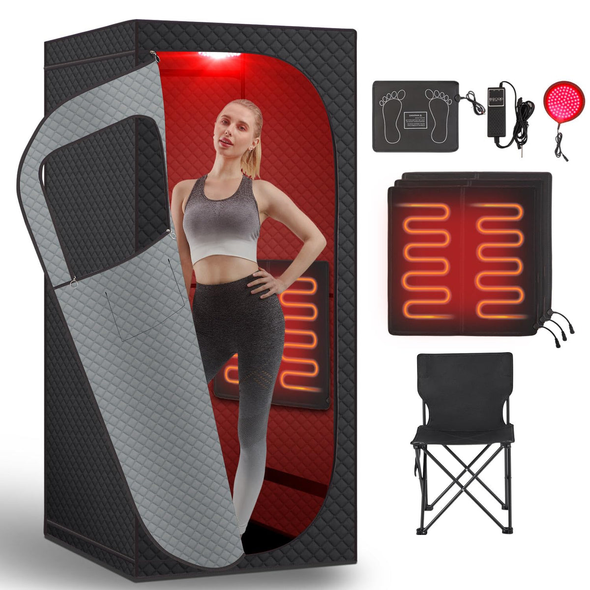 RRGFB sauna box with red light therapy for muscle relief and relaxation.