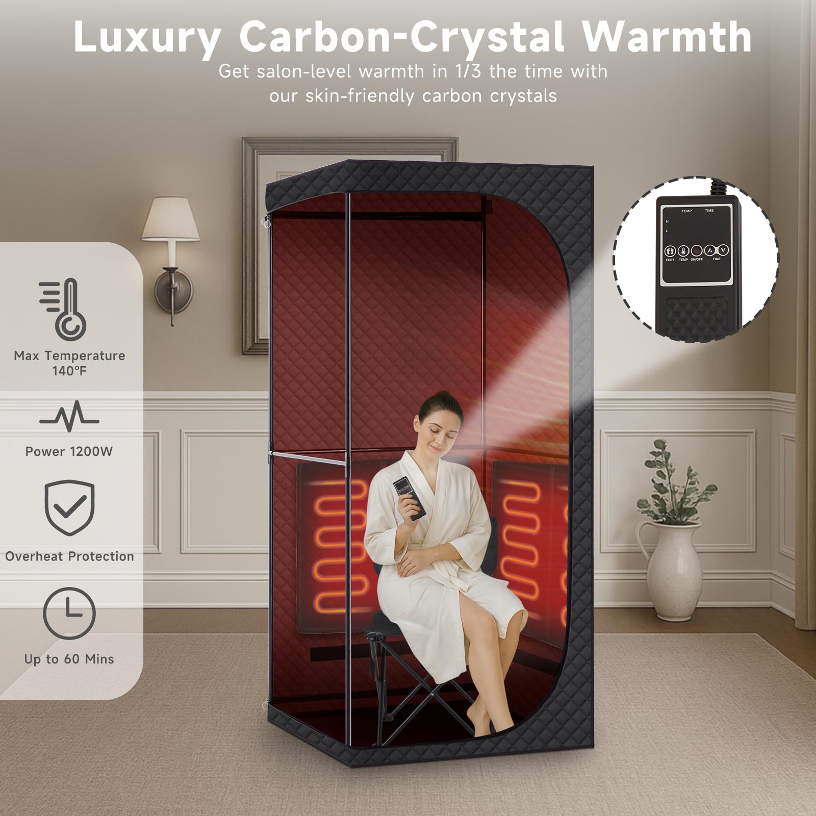 RRGFB sauna box spacious tent supports adults comfortably with legs extended.