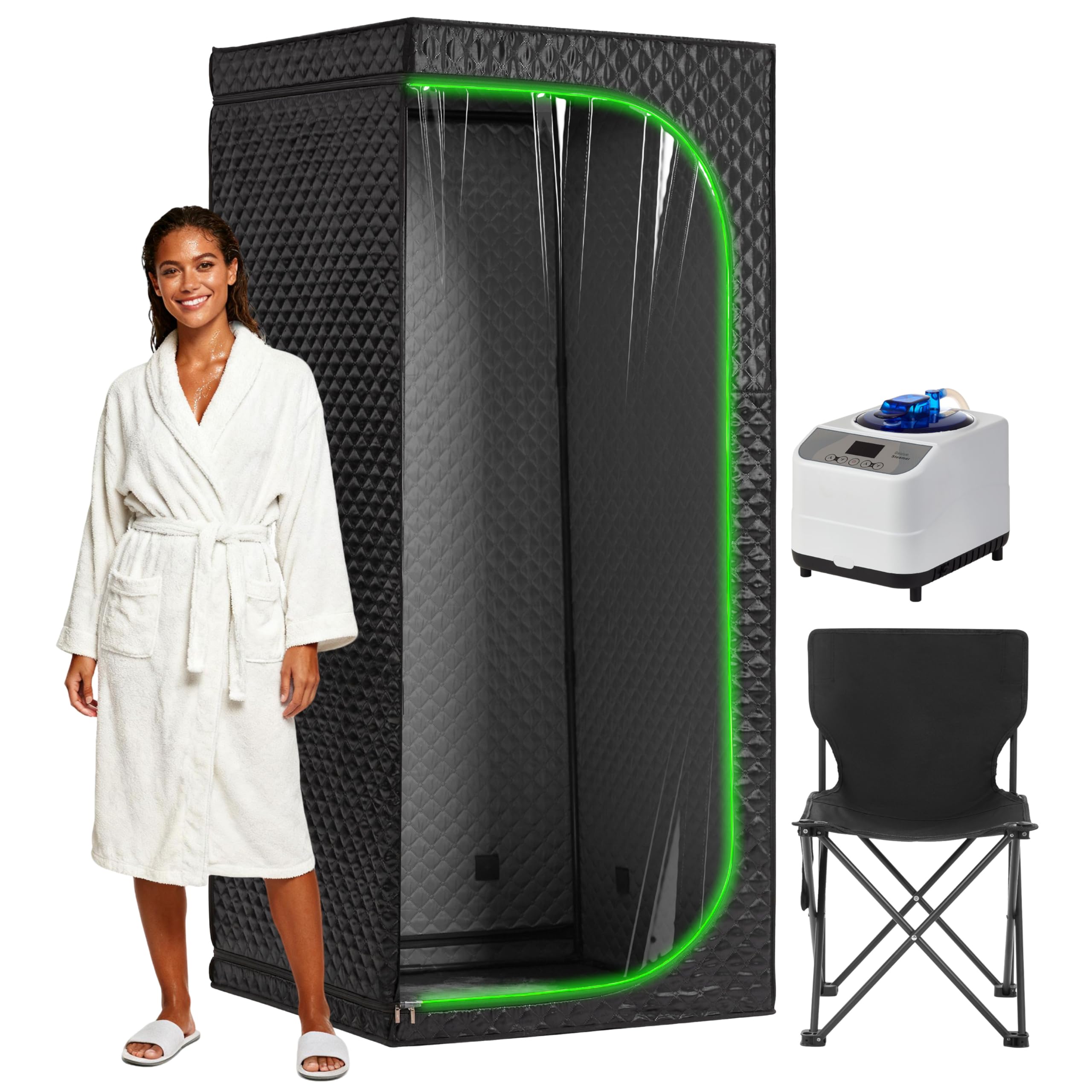 RRGFB steam sauna tent with transparent door front view for a bright home spa session.