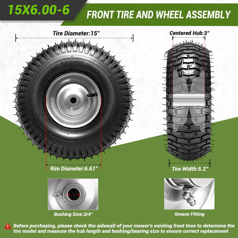 RRQ 15x6.00-6 tire tread close-up shows turf-friendly grip and minimal turf damage.