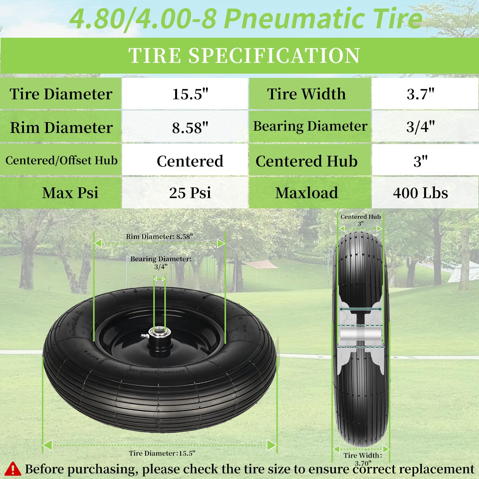 RRQ 16-inch pneumatic wheel ready for smooth garden tasks.