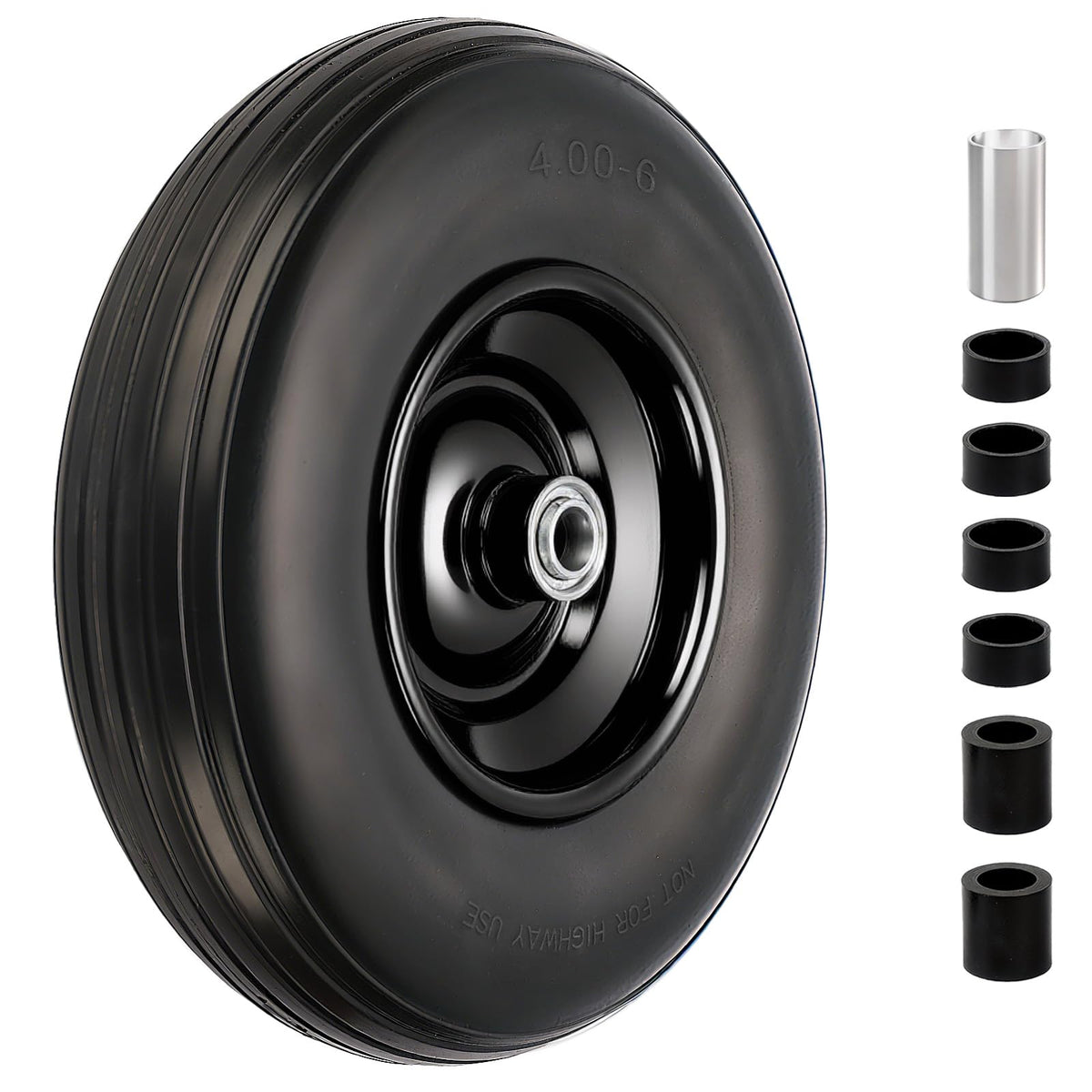 RRQ flat-free 13-inch tire with wheel—puncture resistant and maintenance-free.