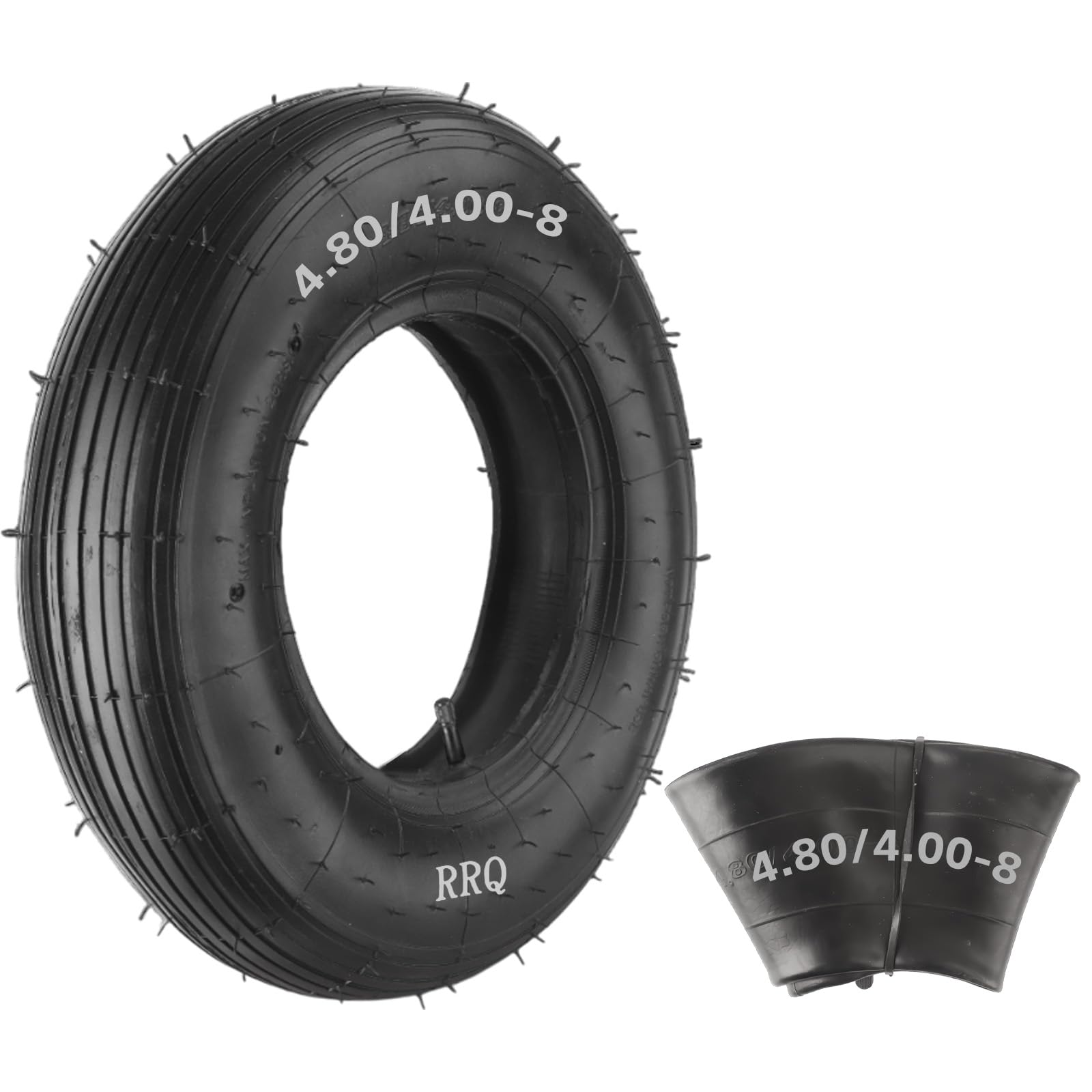 RRQ 4.80/4.00-8 tire side view with ribbed tread for turf protection