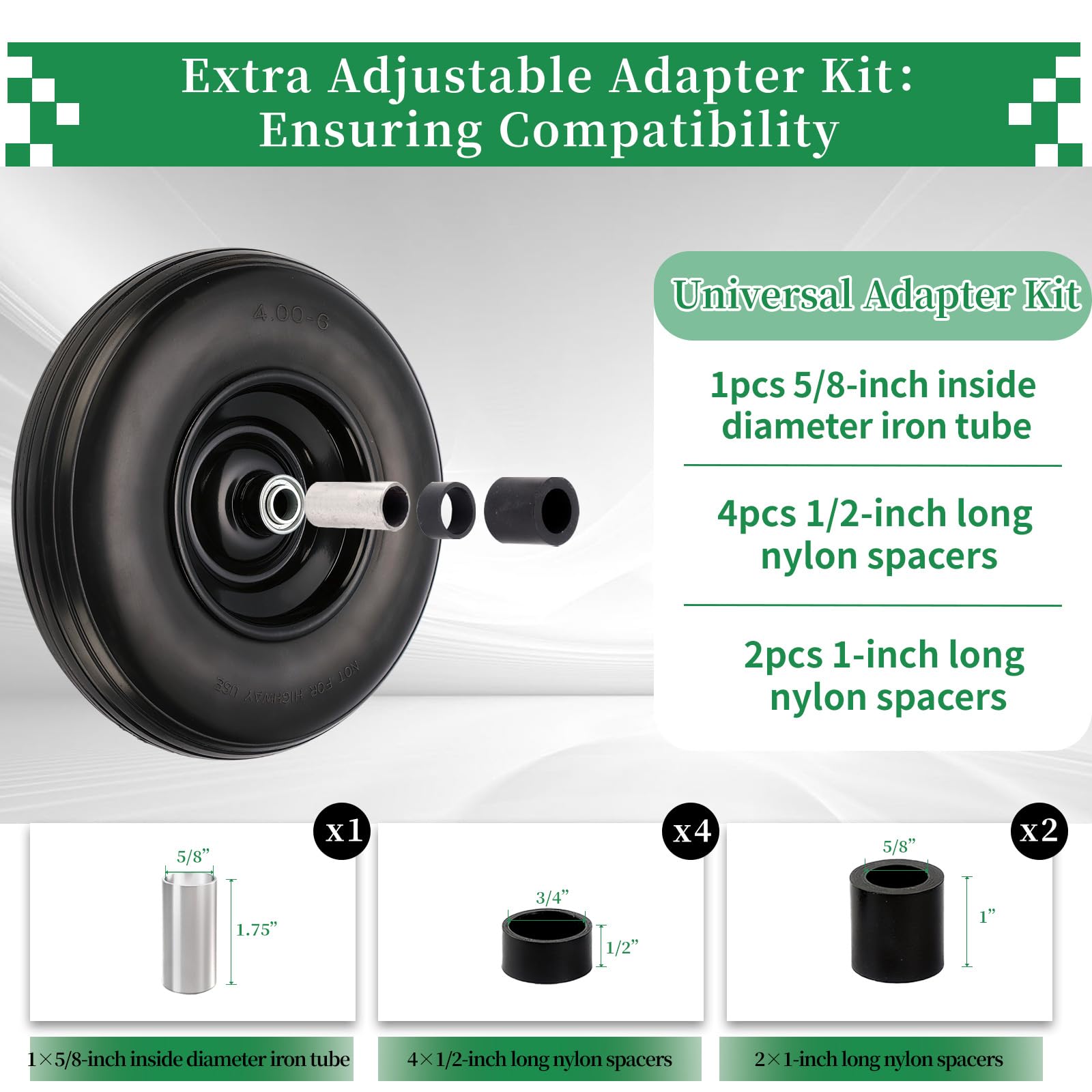 RRQ adapter kit includes 5/8-inch ID iron tube and spacers for easy axle fit.