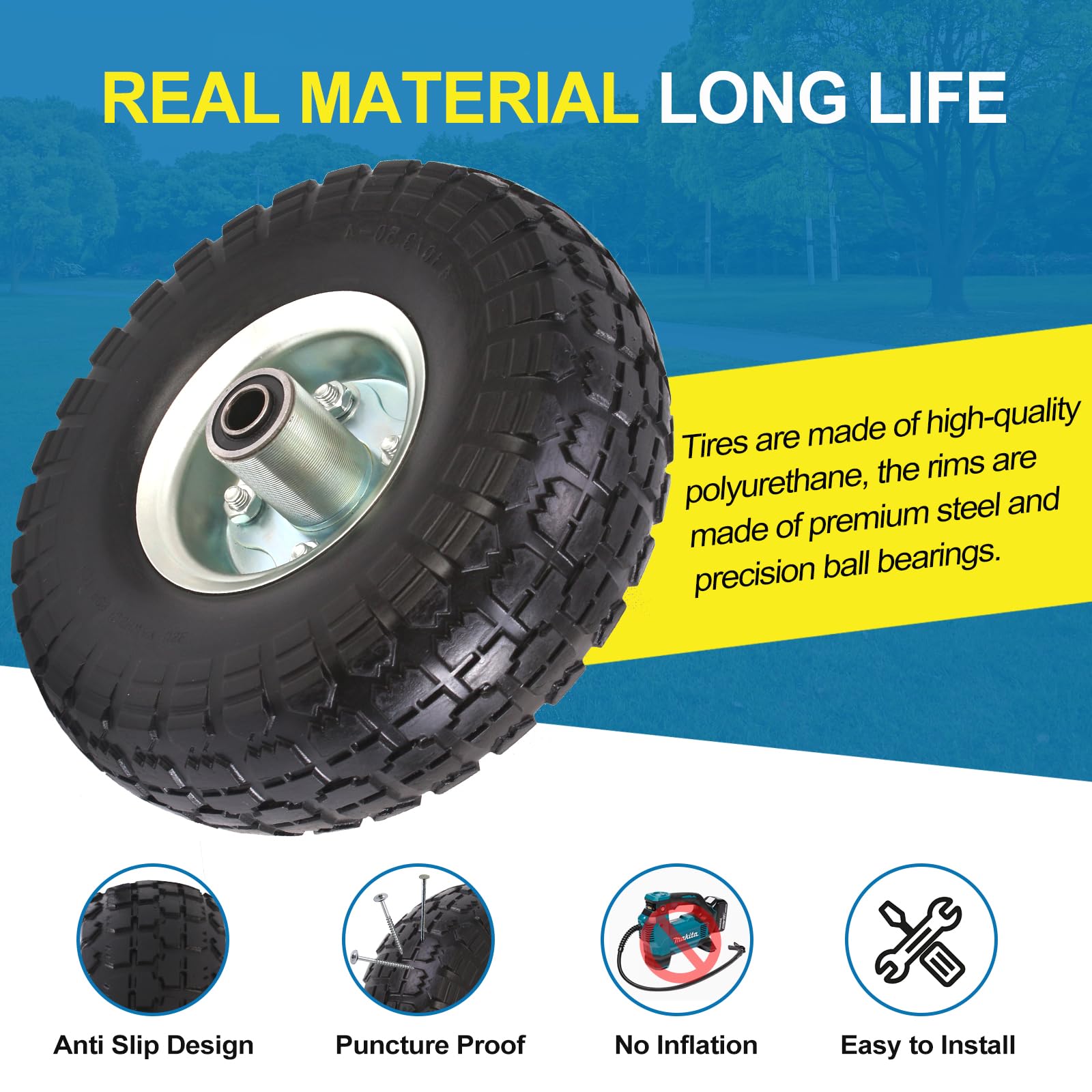 RRQ solid tire axle bore shows a 5/8-inch hole for easy installation.