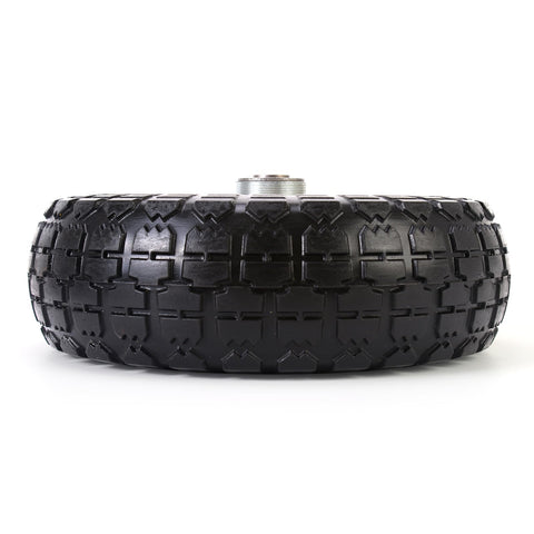 RRQ solid tire face view highlights wear resistance and inflation-free convenience.