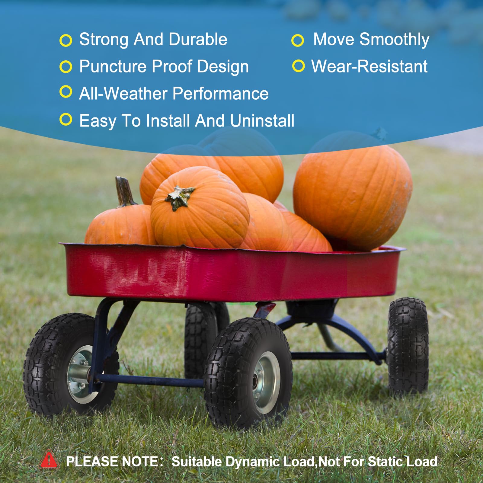 RRQ solid tire load capacity view indicates up to 300 lbs per wheel.