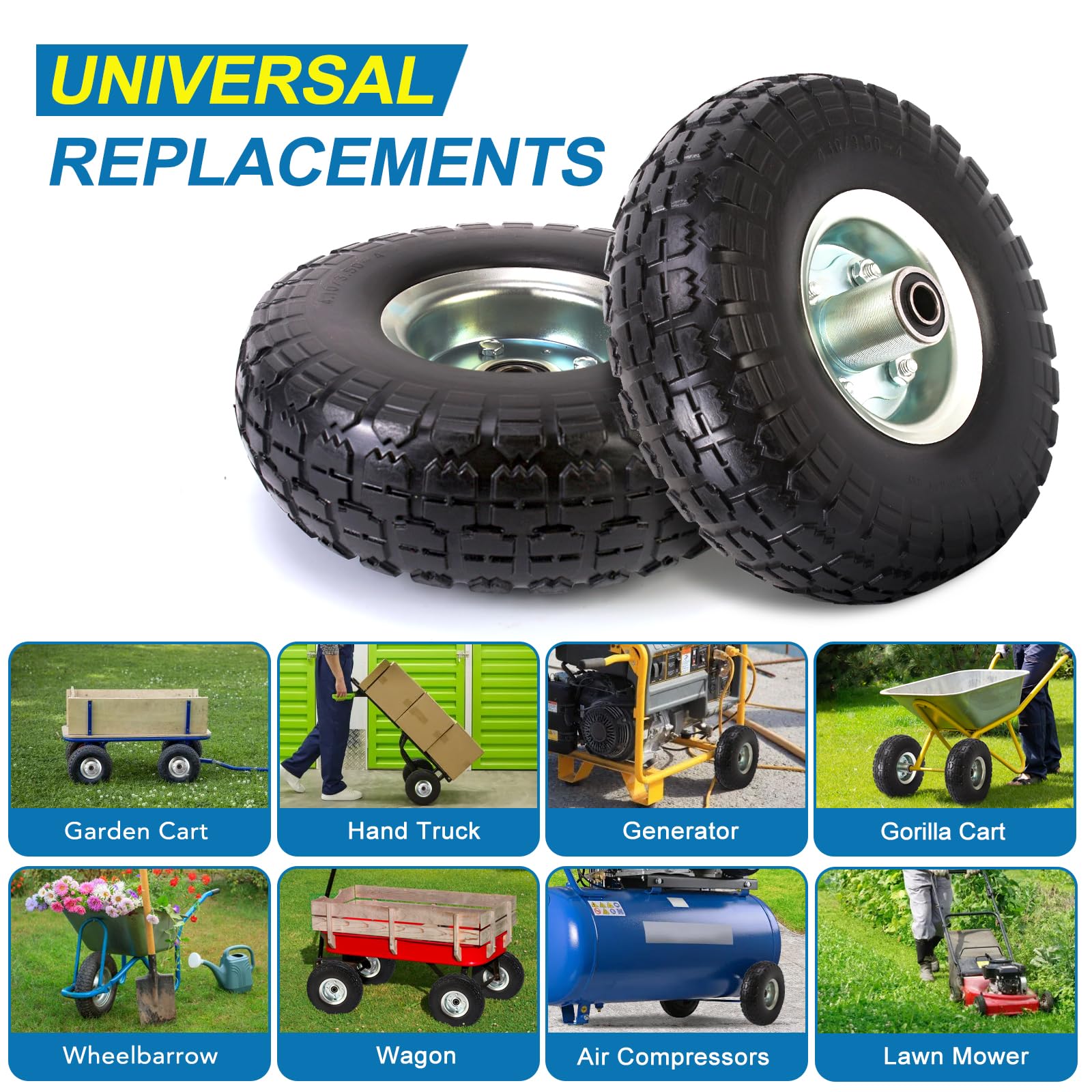 RRQ solid tire multipurpose shot shows compatibility with hand trucks and lawn carts.