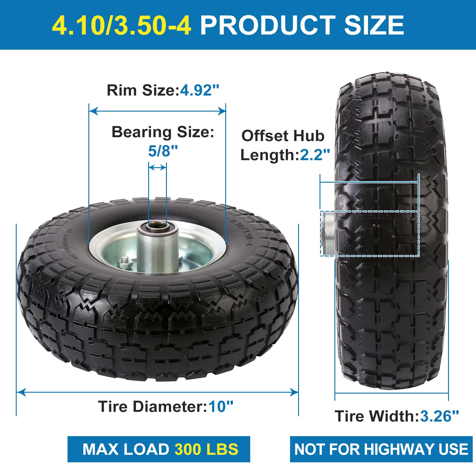 RRQ solid tire rim close-up emphasizes durable steel rim and premium bearings.