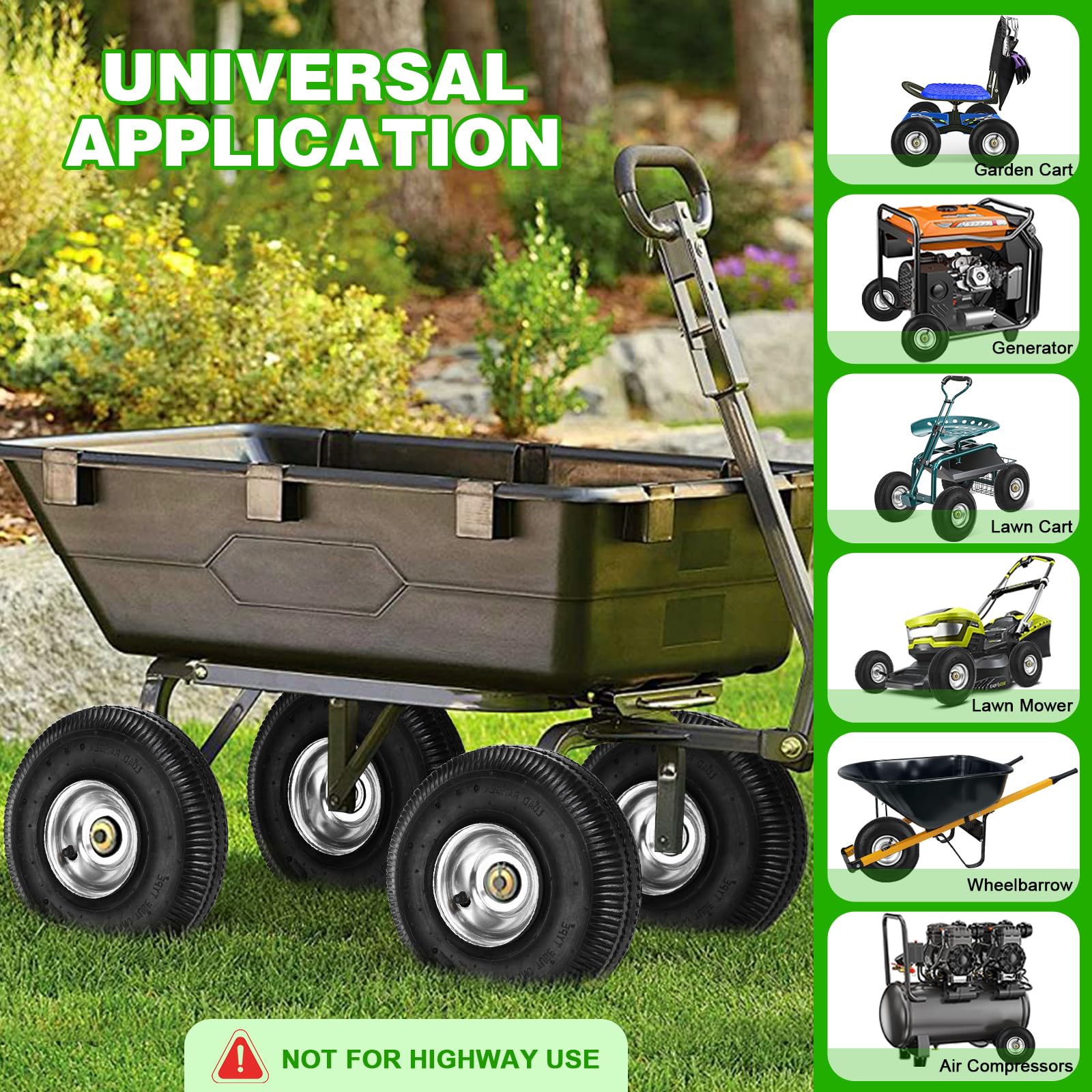 RRQ two-pack wheels ideal for garden equipment and lawn care.