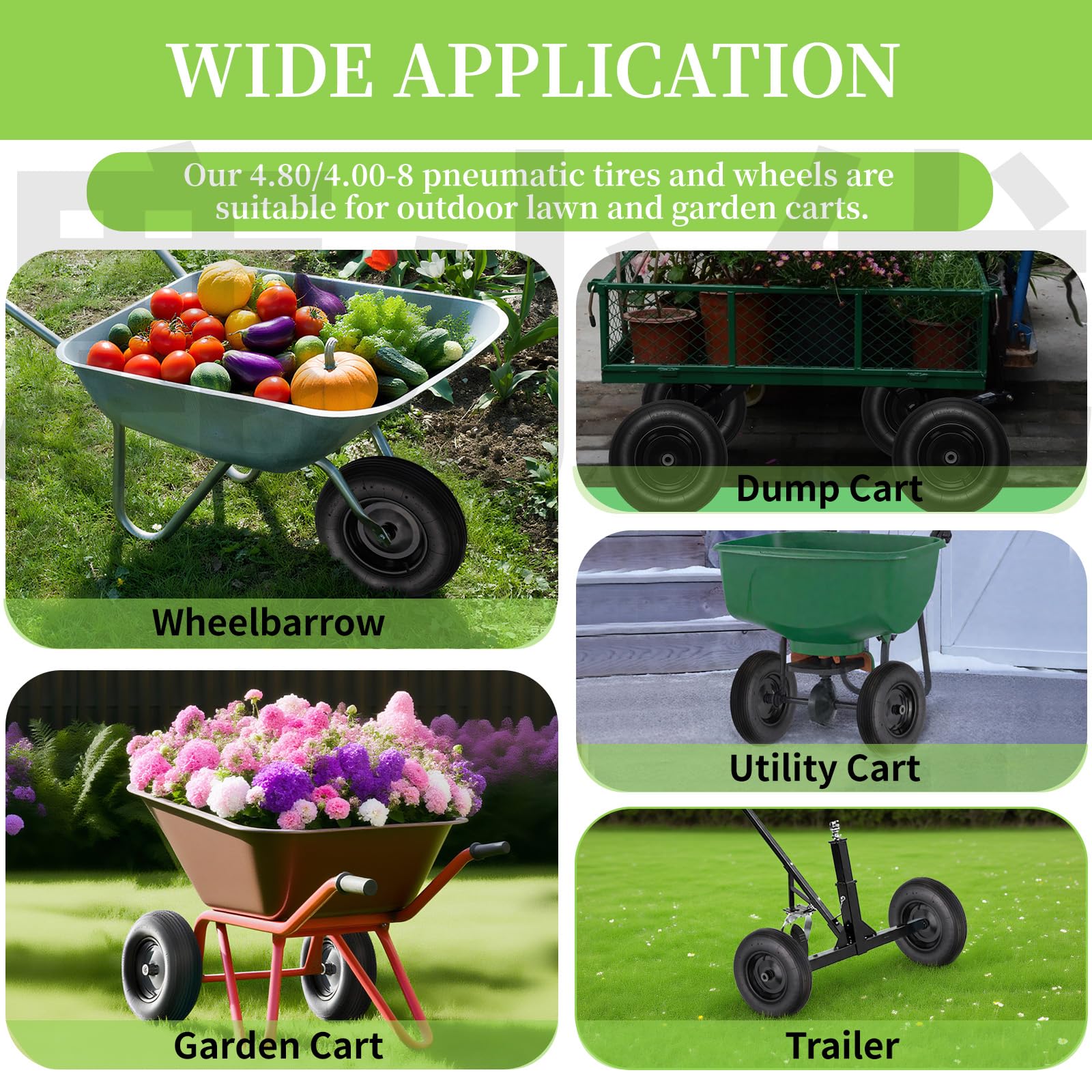RRQ universal tire fits wheelbarrows, trailers, and garden carts.