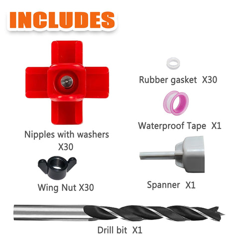 RRQKMBO nipples kit includes gaskets, wing nuts, drill bit, and tape for setup