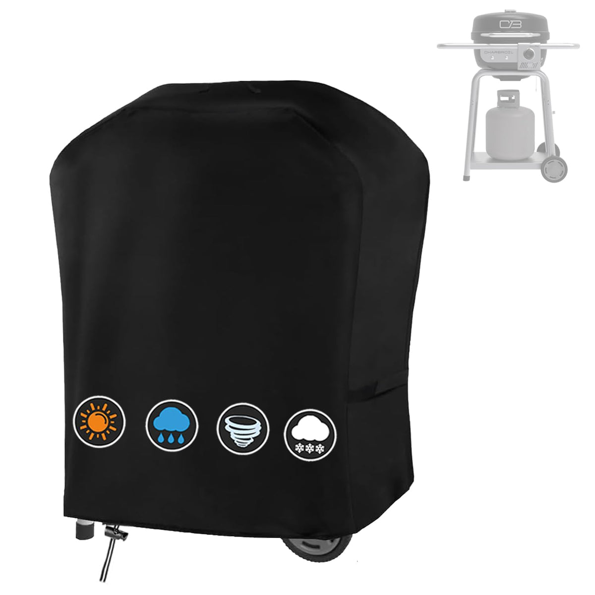 Rsipelsk Charbroil Bistro Pro grill cover, front view, protects from rain and sun.