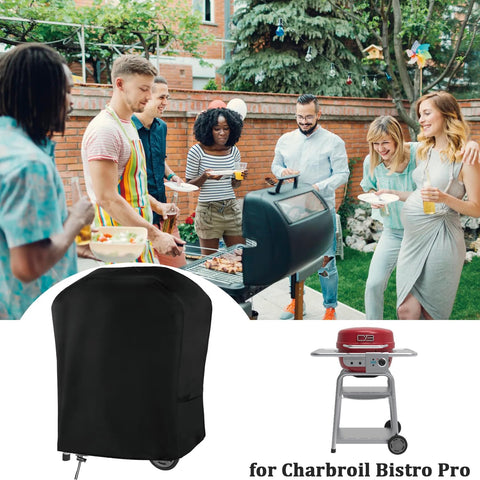 Rsipelsk grill cover, side view with snug fit and windproof straps.