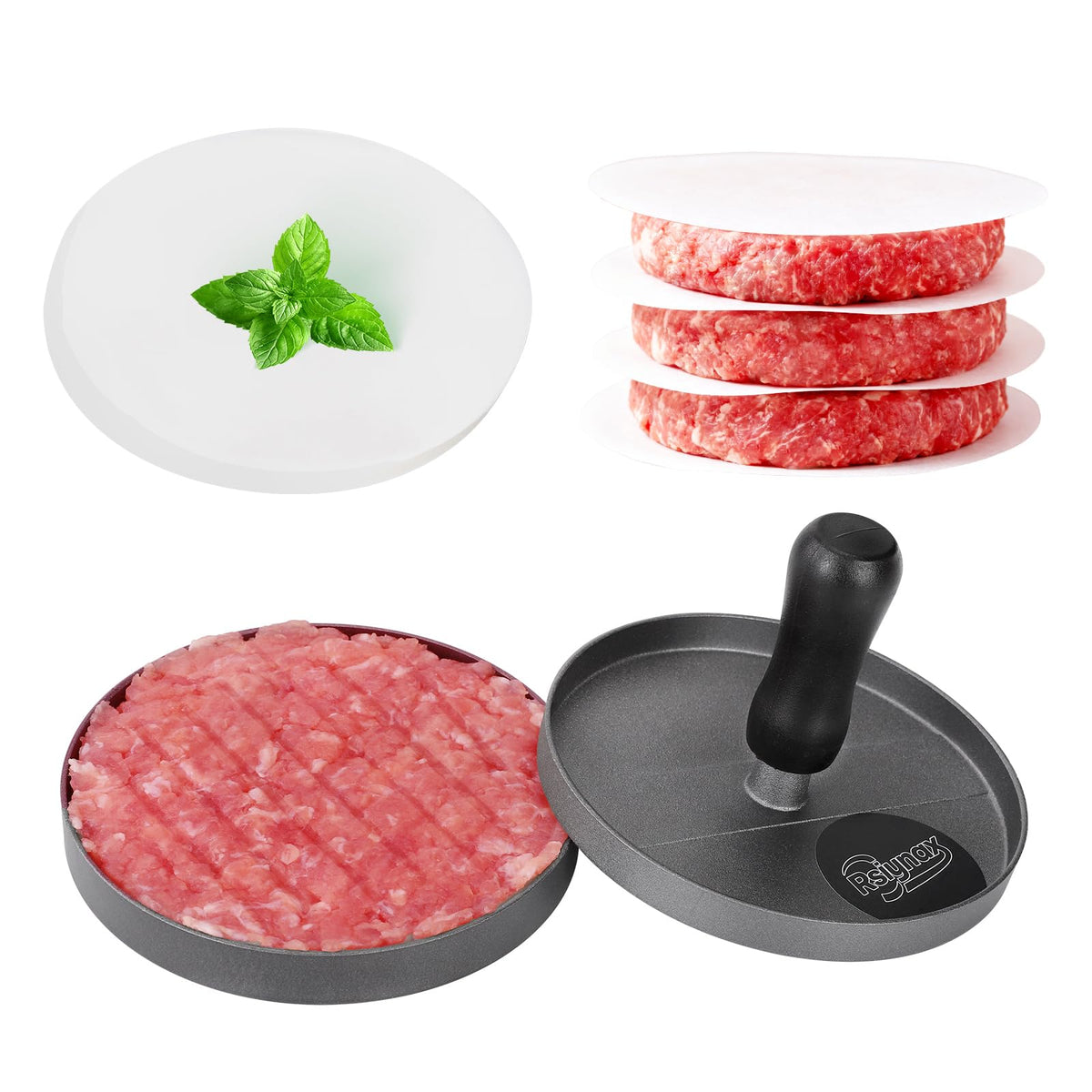 Rsiynax Burger Press close-up showing durable aluminum for uniform patties.