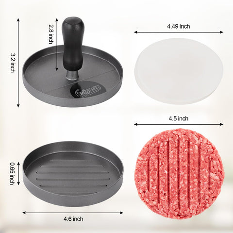 Rsiynax burger press shown on grill for outdoor cooking.
