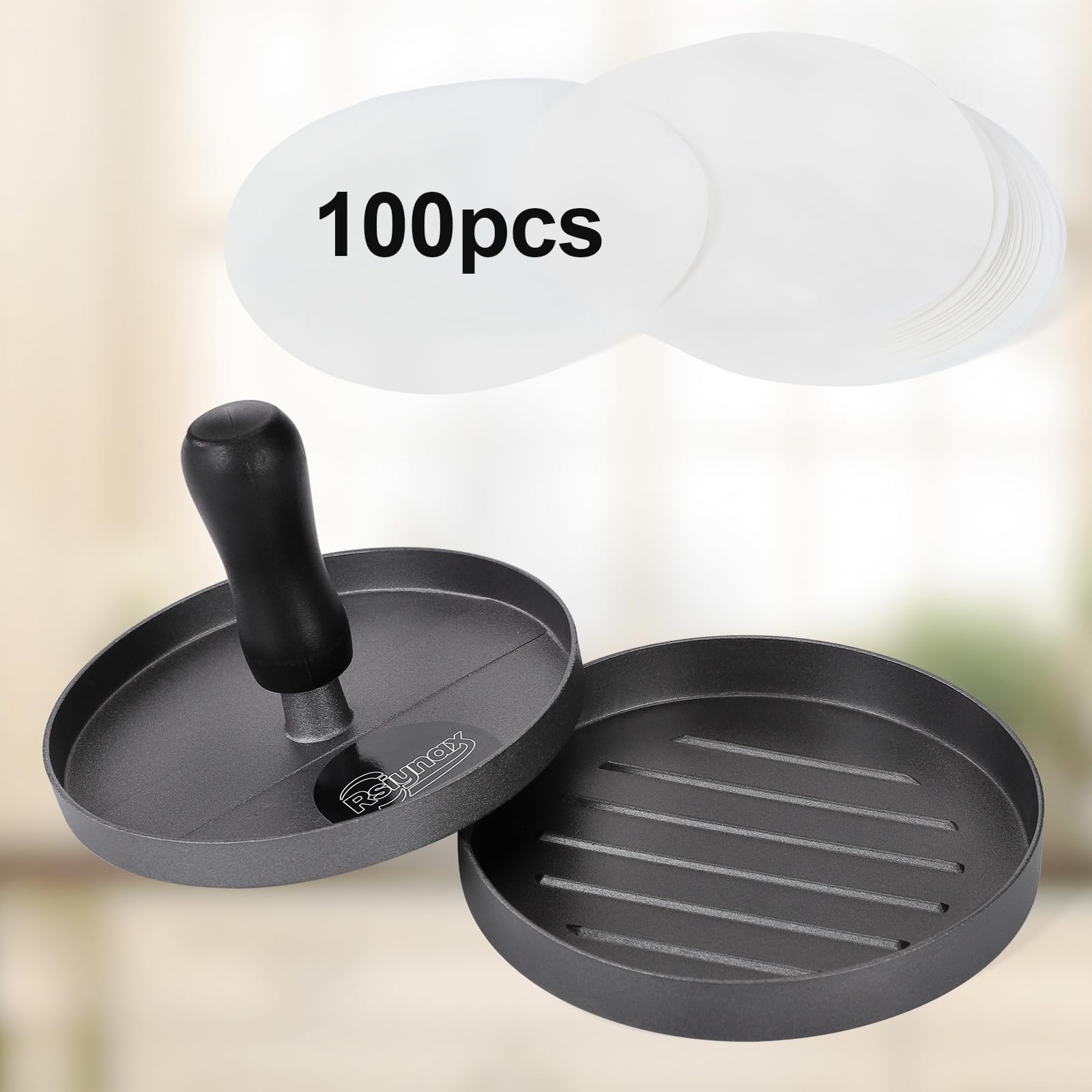 Rsiynax non-stick surface highlights easy patty release and cleanup.
