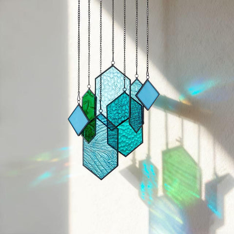 Rswardeleco blue-green stained glass suncatchers brighten sunny windows