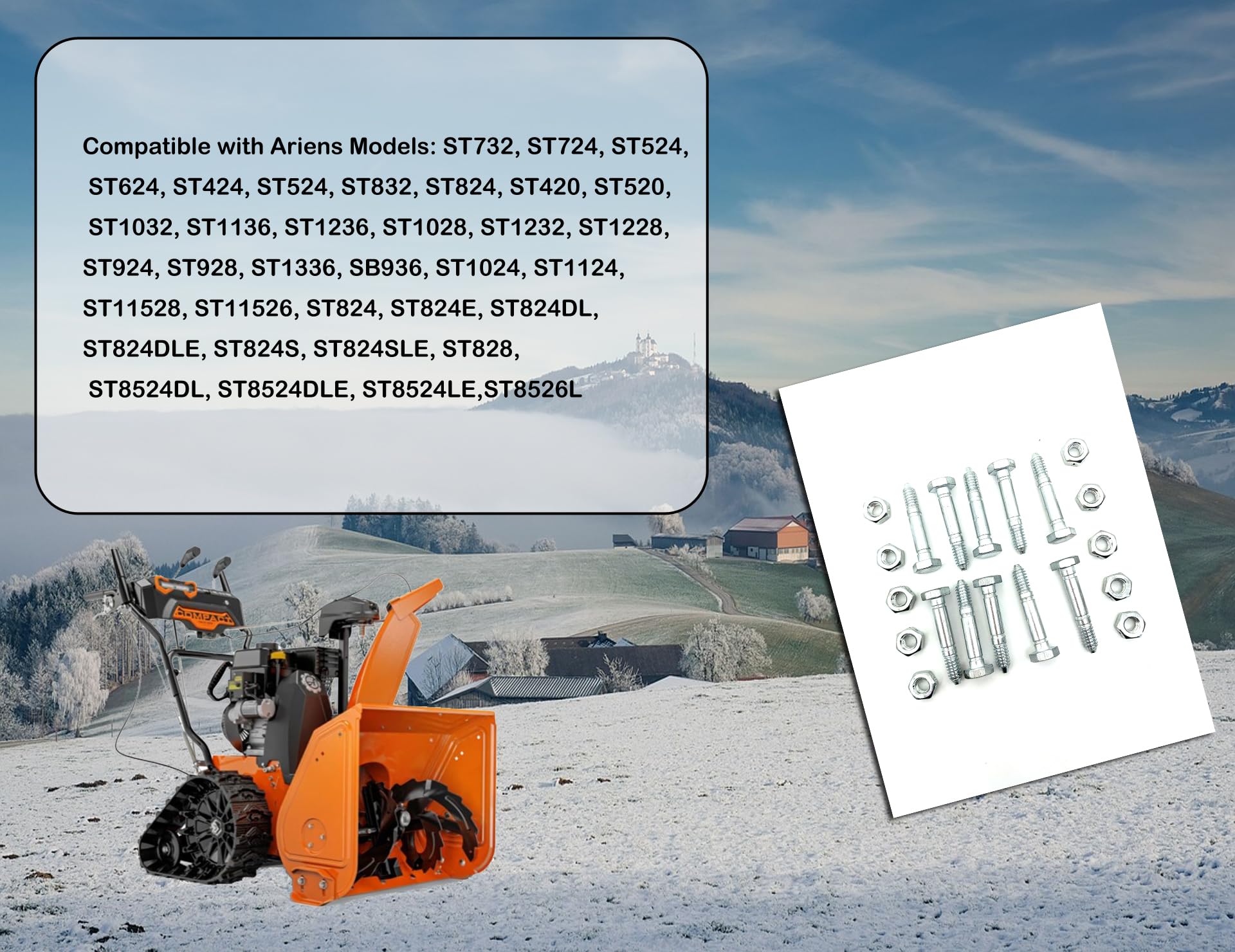 RTPOWER compact two-stage snow blower bolts with 1/4-diameter compatibility