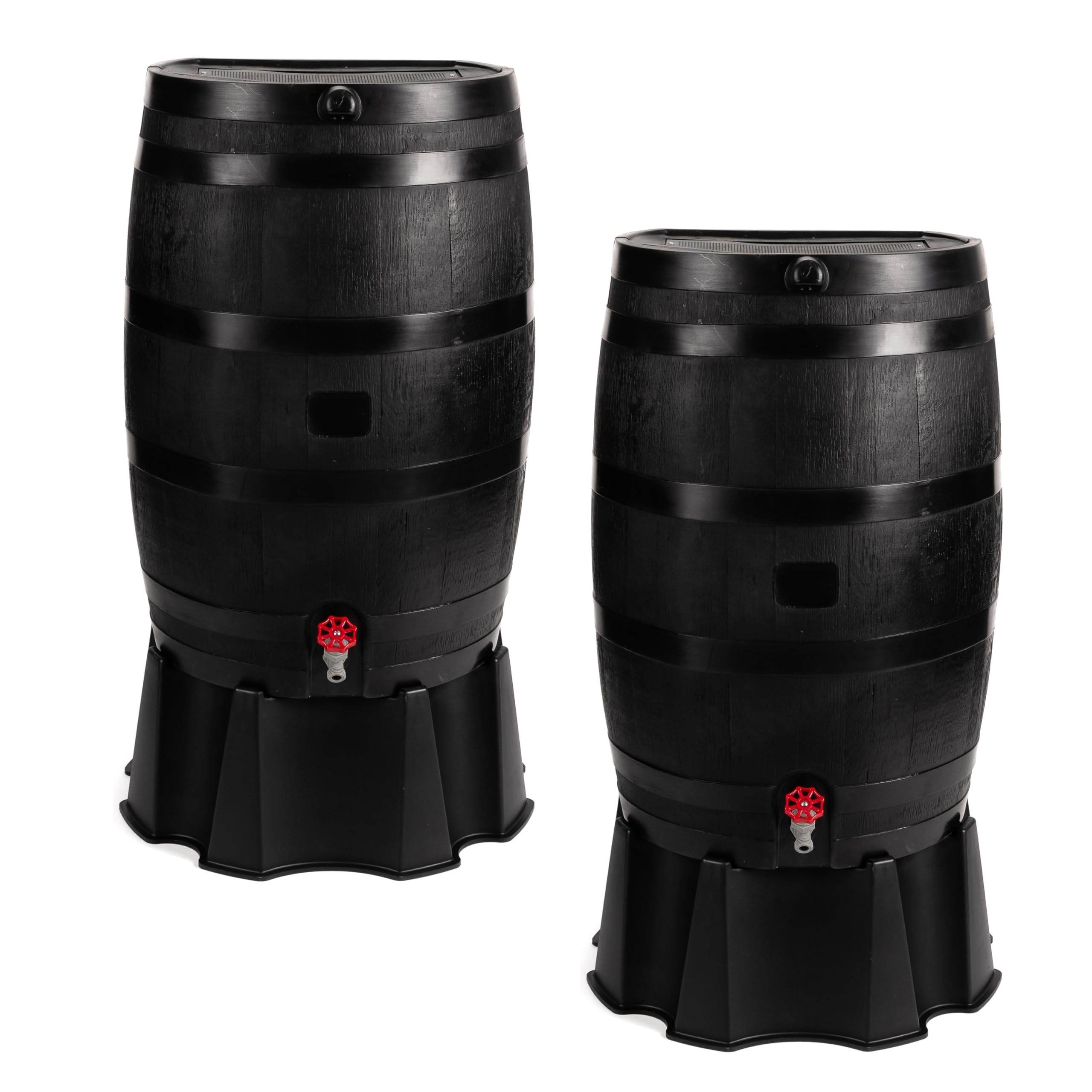 RTS 50-gallon eco rain barrel with flat-back design against a wall for space saving