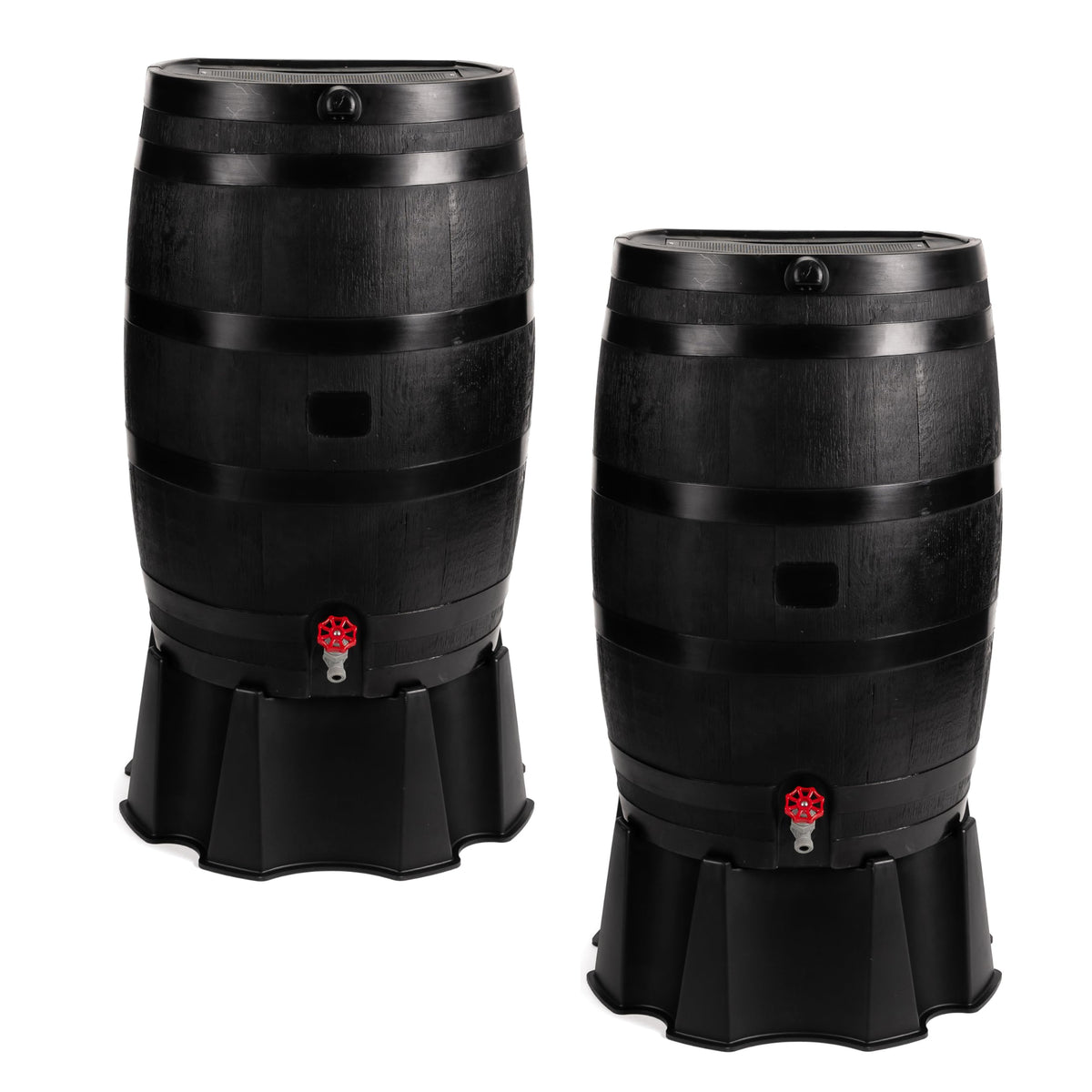 RTS 50-gallon eco rain barrel with flat-back design against a wall for space saving