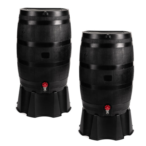 RTS 50-gallon eco rain barrel with flat-back design against a wall for space saving
