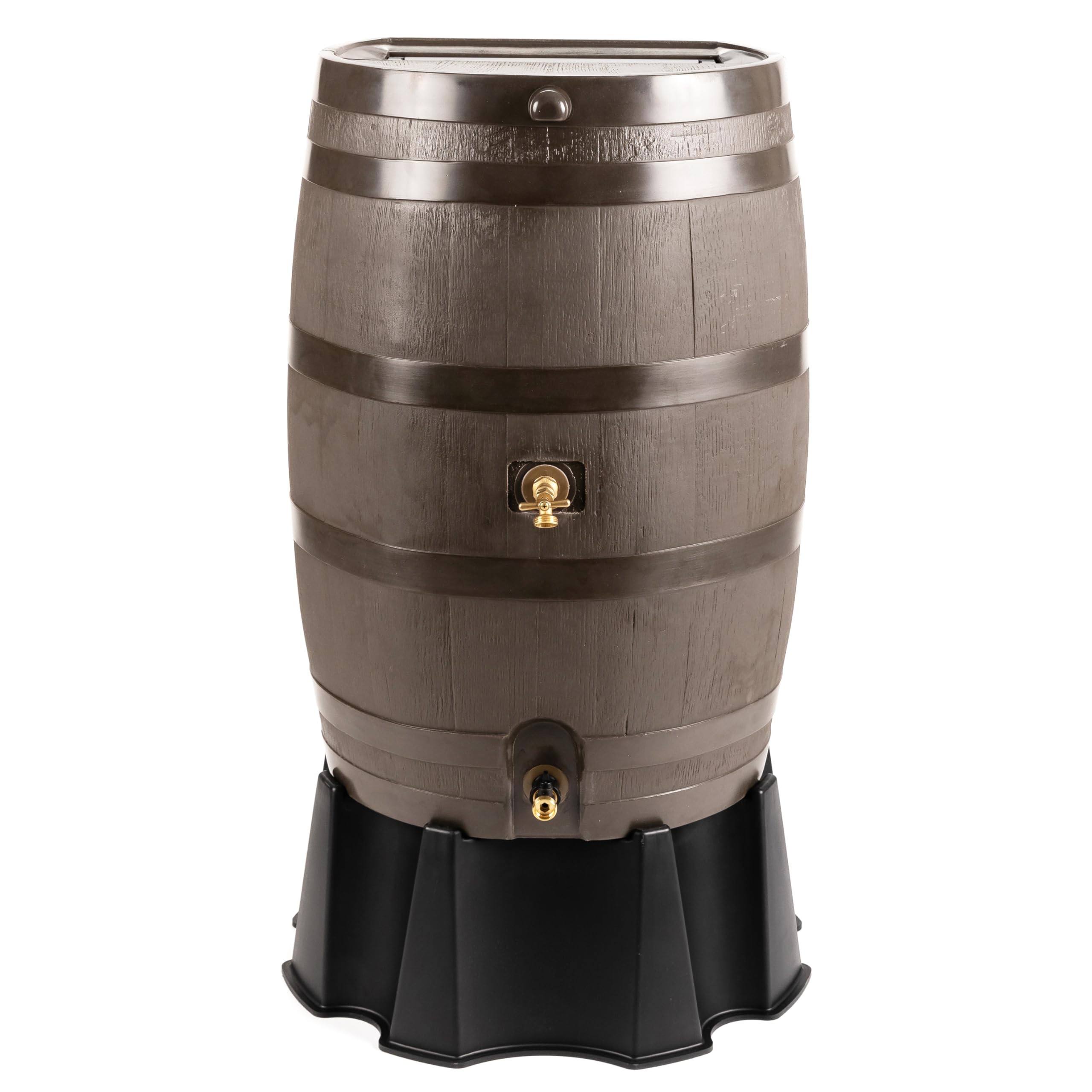 RTS Home Accents 50-Gallon rain barrel with dual brass spigots for easy garden watering.