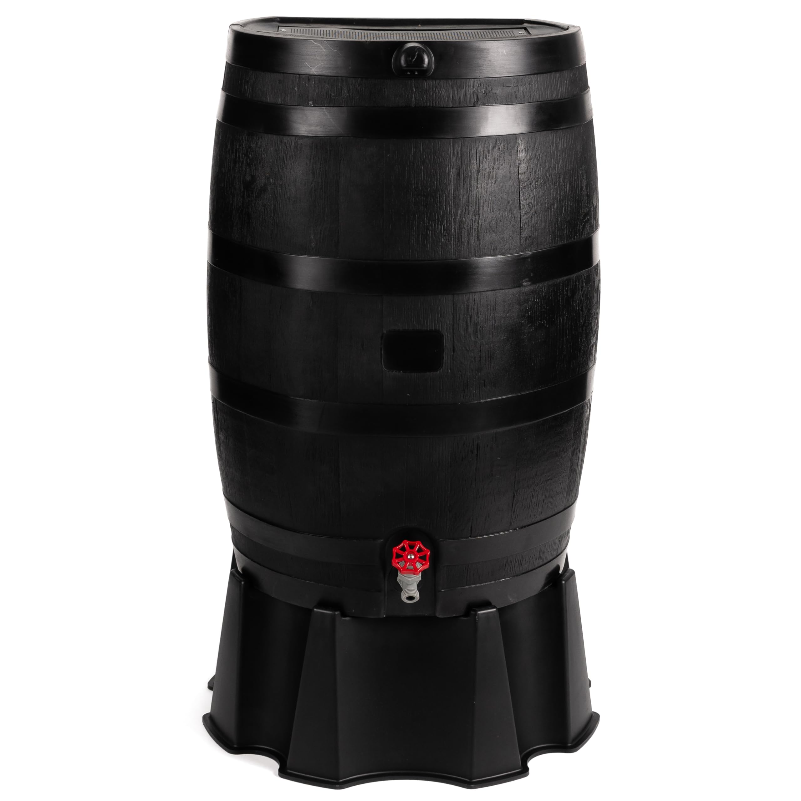 RTS Home Accents 50-Gallon ECO Rain Barrel flat-back fits snugly against walls for space saving.