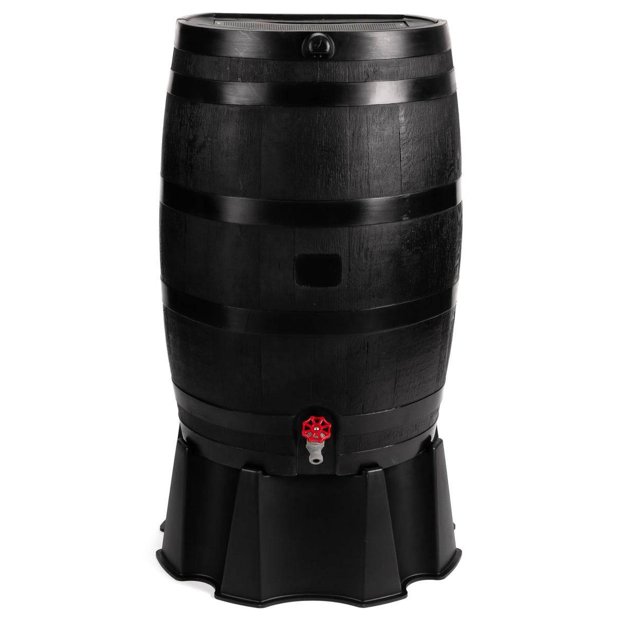 RTS Home Accents 50-Gallon ECO Rain Barrel flat-back fits snugly against walls for space saving.
