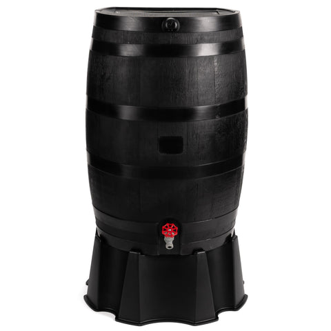 RTS Home Accents 50-Gallon ECO Rain Barrel flat-back fits snugly against walls for space saving.