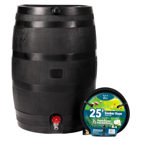 RTS Home Accents 50-Gallon ECO Rain Barrel front view—compact design for efficient garden watering.