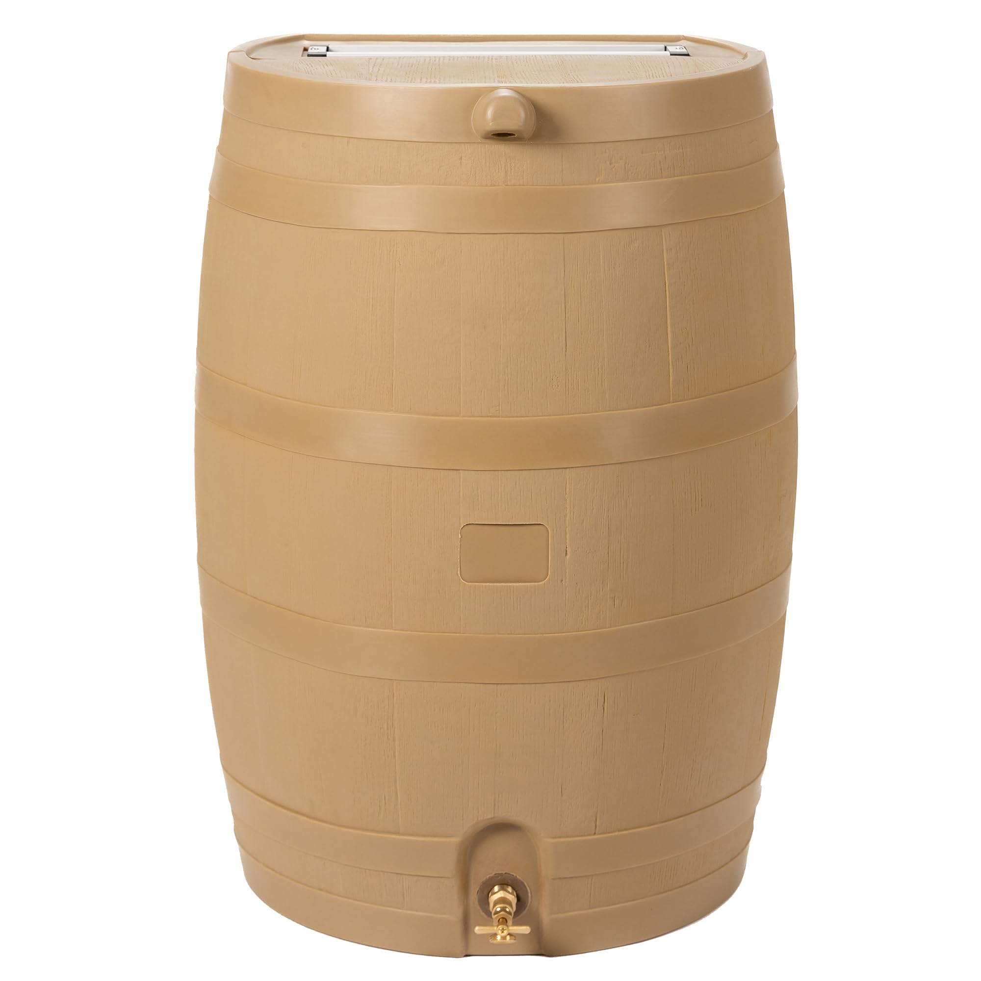 RTS Home Accents 50-Gallon rain barrel with brass spigot for easy garden watering.
