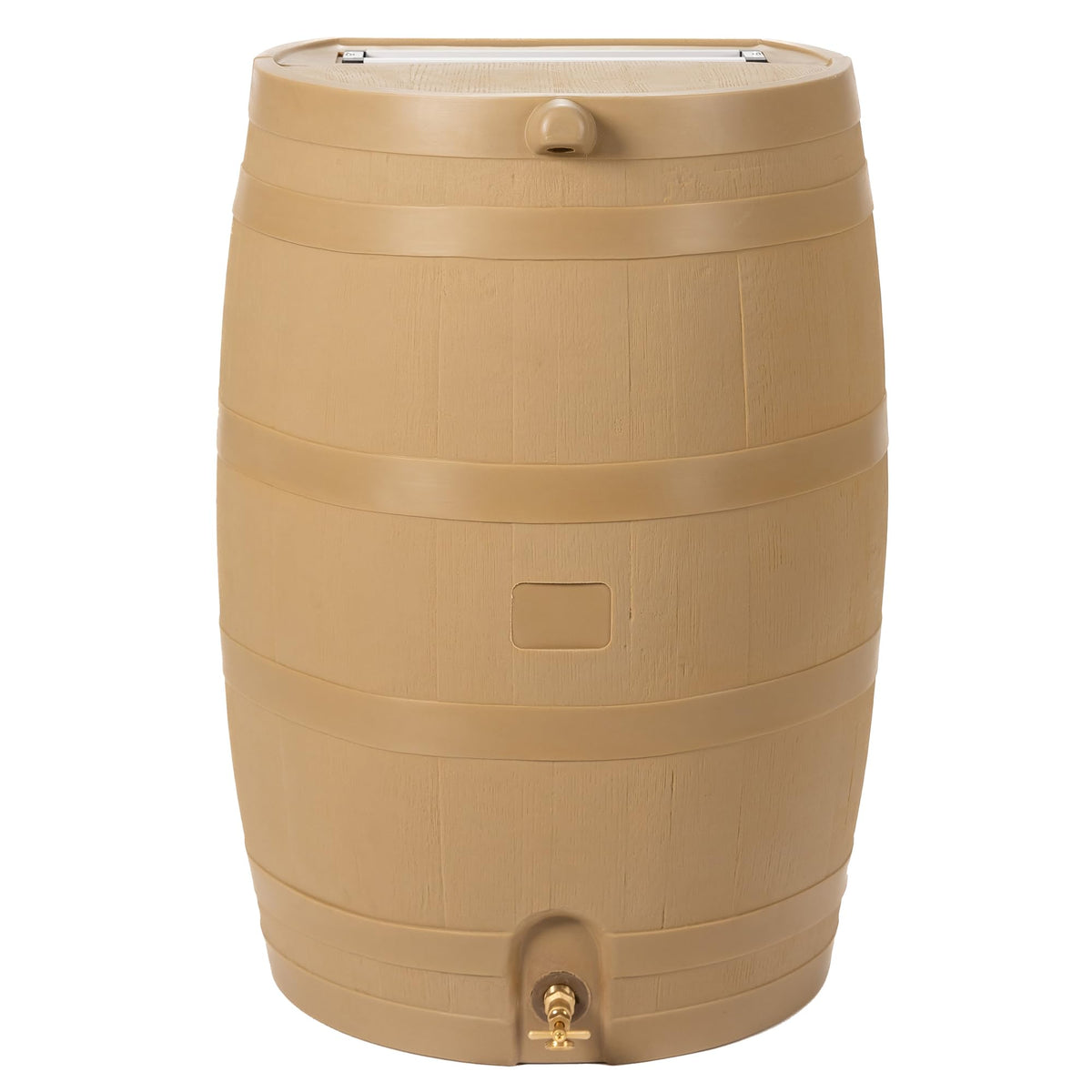 RTS Home Accents 50-Gallon rain barrel with brass spigot for easy garden watering.