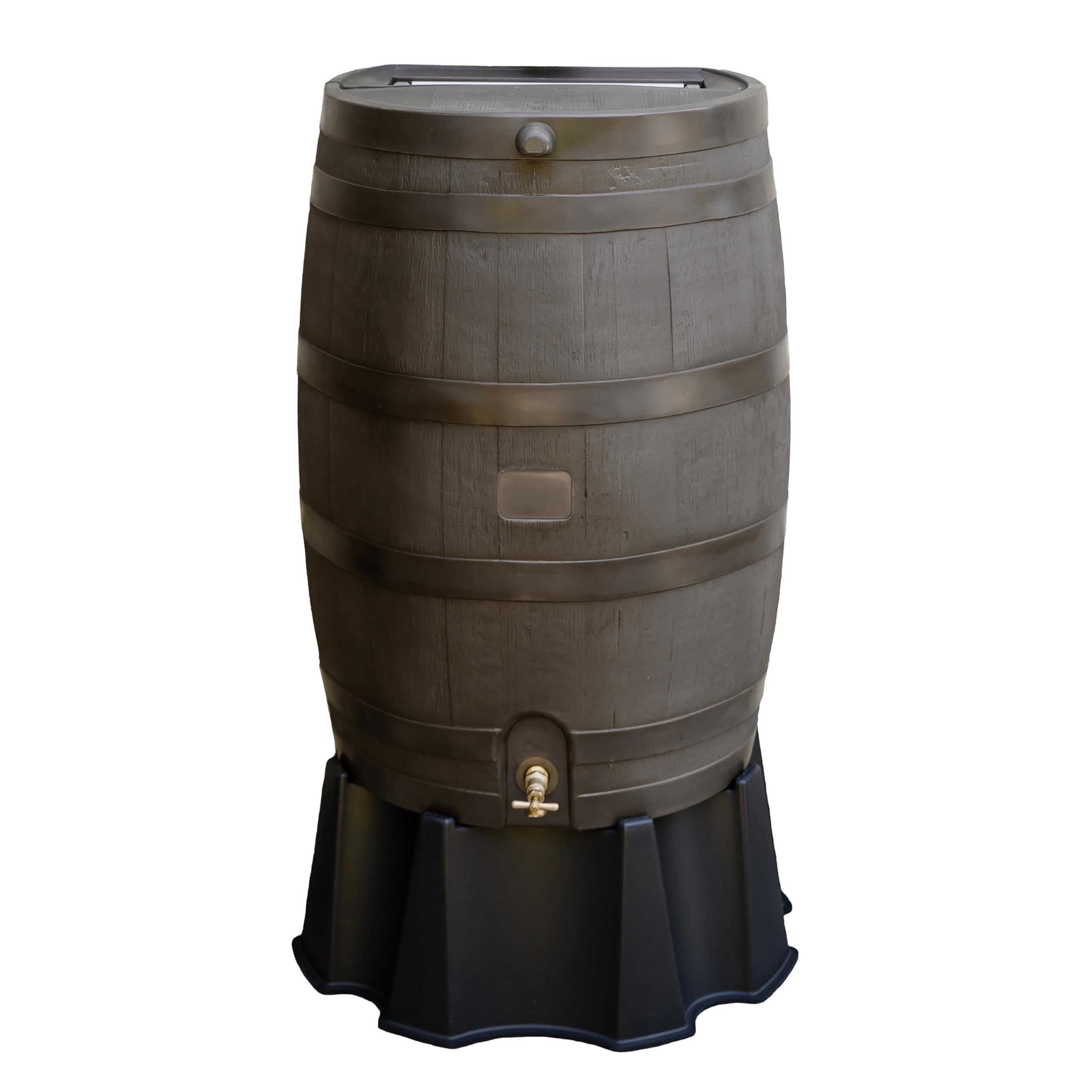 RTS Home Accents 50-gallon rain barrel with flat-back design for wall placement and garden watering