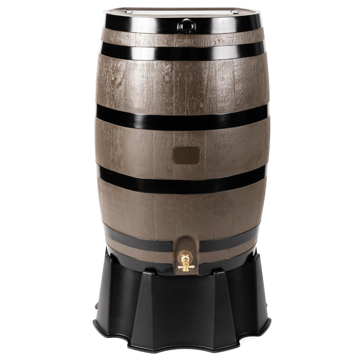 RTS Home Accents rain barrel flat-back against wall for space-saving water collection.