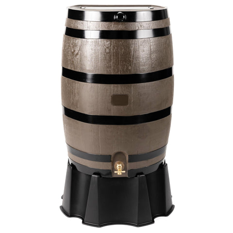 RTS Home Accents rain barrel flat-back against wall for space-saving water collection.