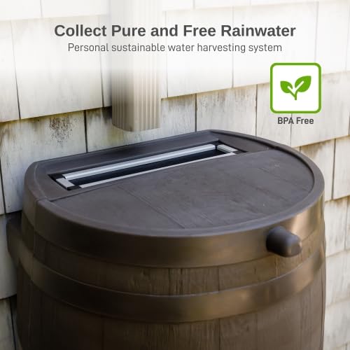 Brass spigots on RTS rain barrel enable flexible water distribution across zones.
