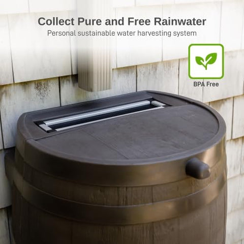 Brass spigots on RTS rain barrel enable flexible water distribution across zones.