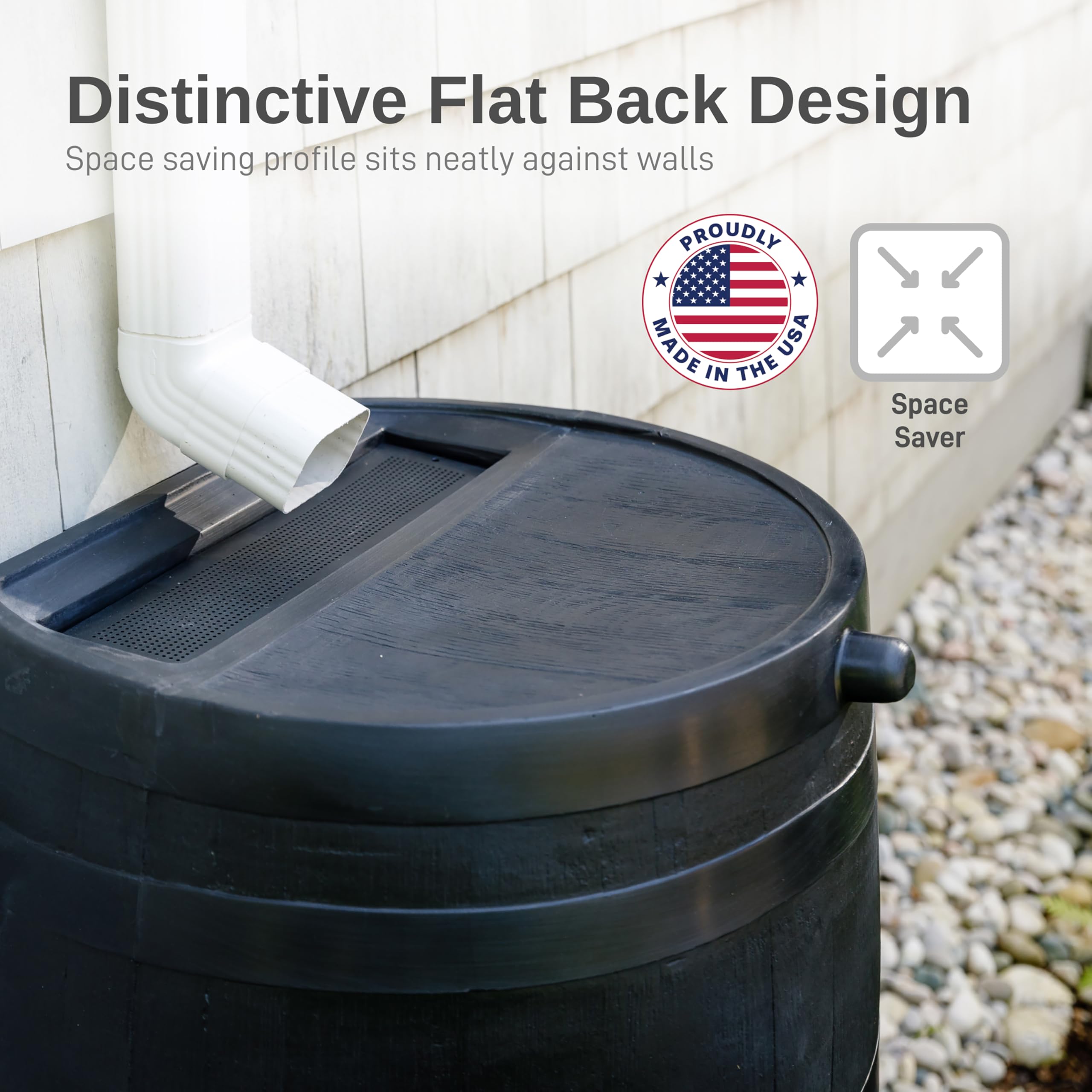 RTS Home Accents flat back rain barrel against wall—space-saving solution for tight spaces.