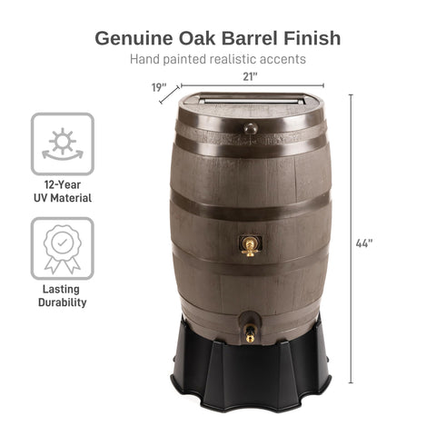 Walnut-color RTS rain barrel with flat-back design blends with outdoor decor.