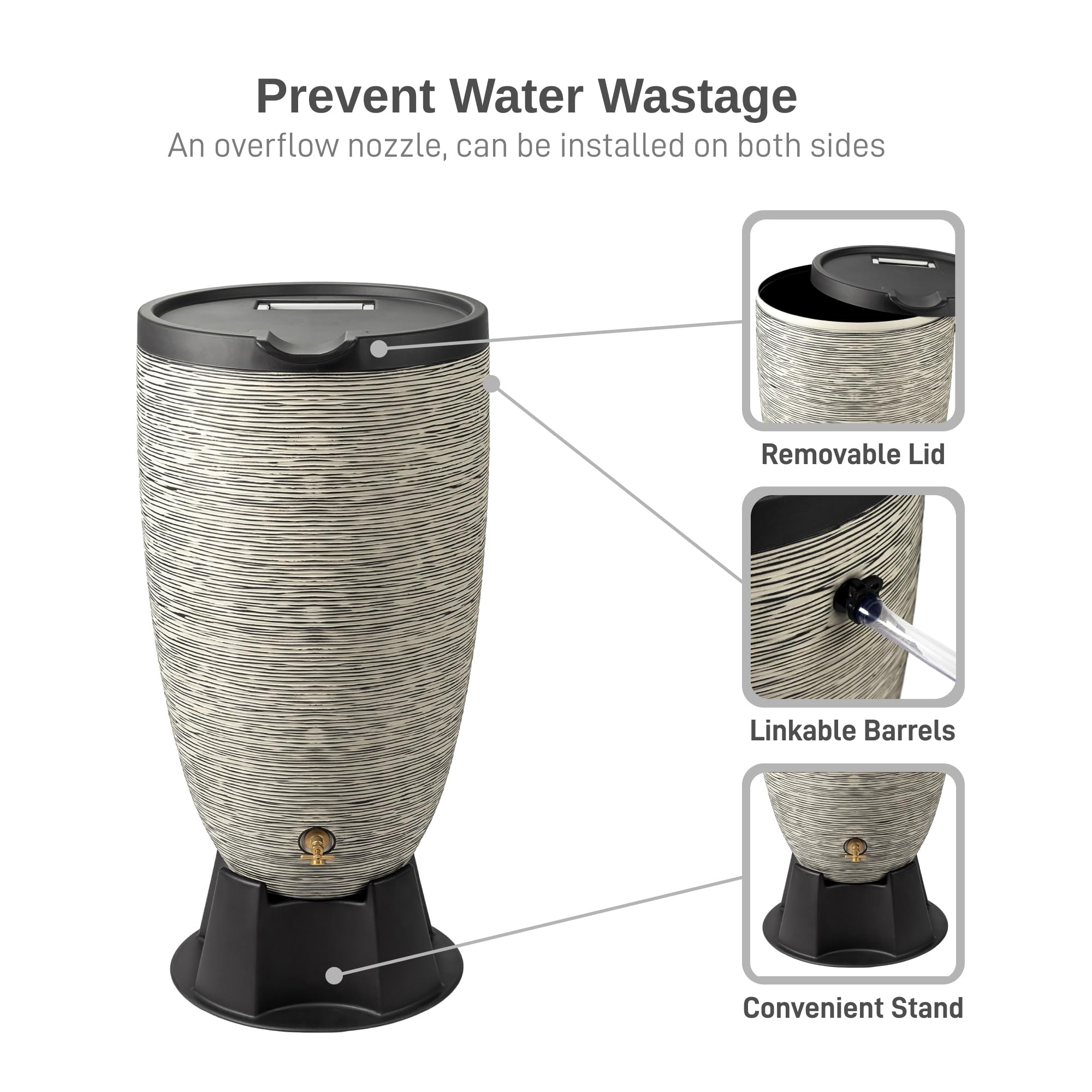 Overflow nozzle on Newport barrel helps manage heavy rainfall safely.