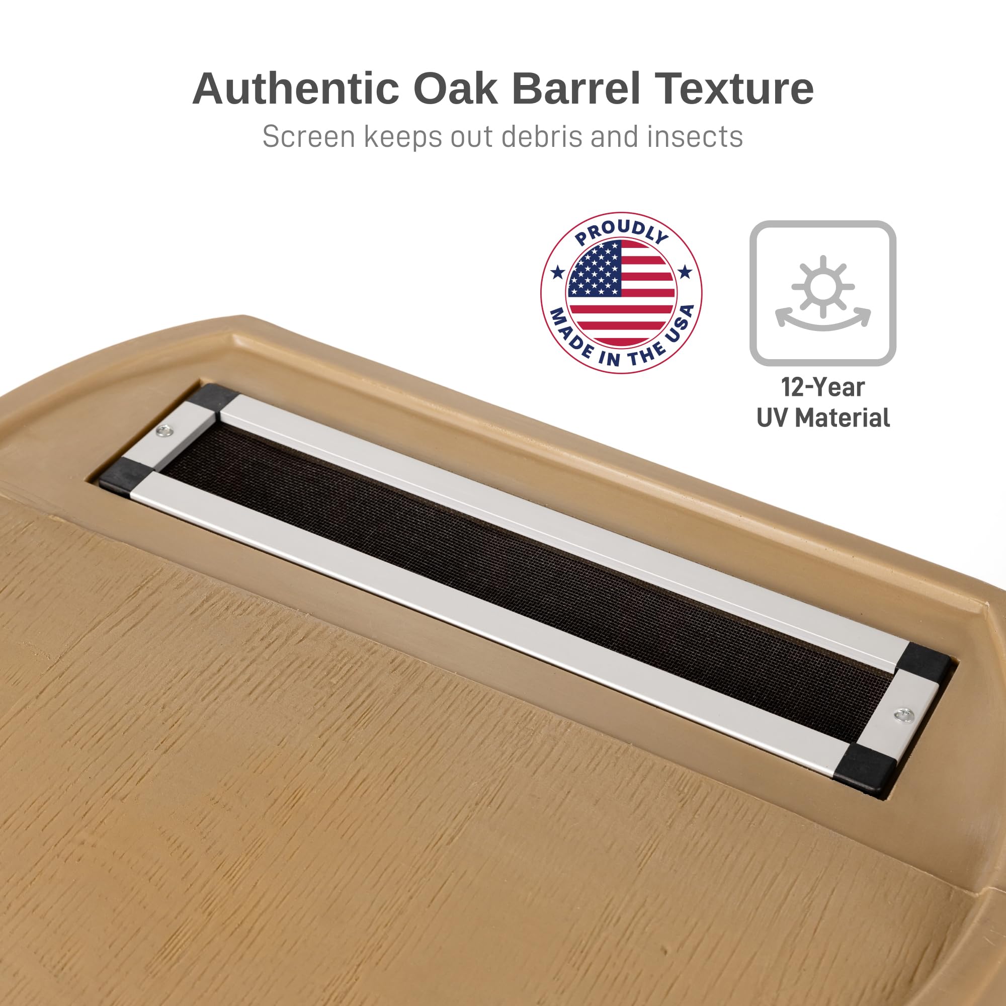RTS Home Accents oak-textured rain barrel blending rustic charm with durability.