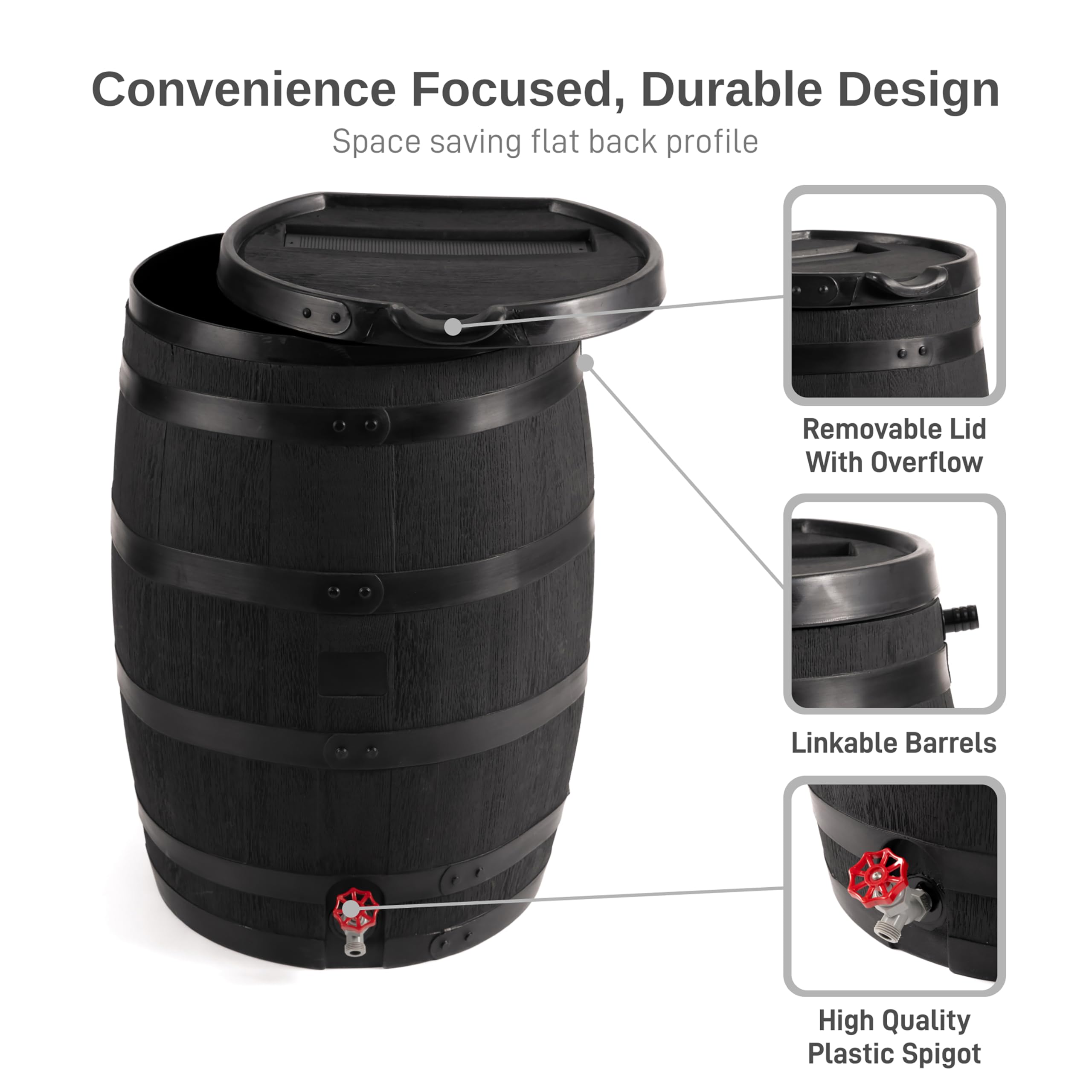 RTS Home Accents Premium 55-Gallon Eco Rain Barrel Overflow System redirects excess water
